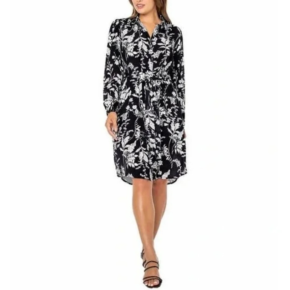 Well Worn Black & White Floral Leaf Print Belted Waist Long Sleeve Dress